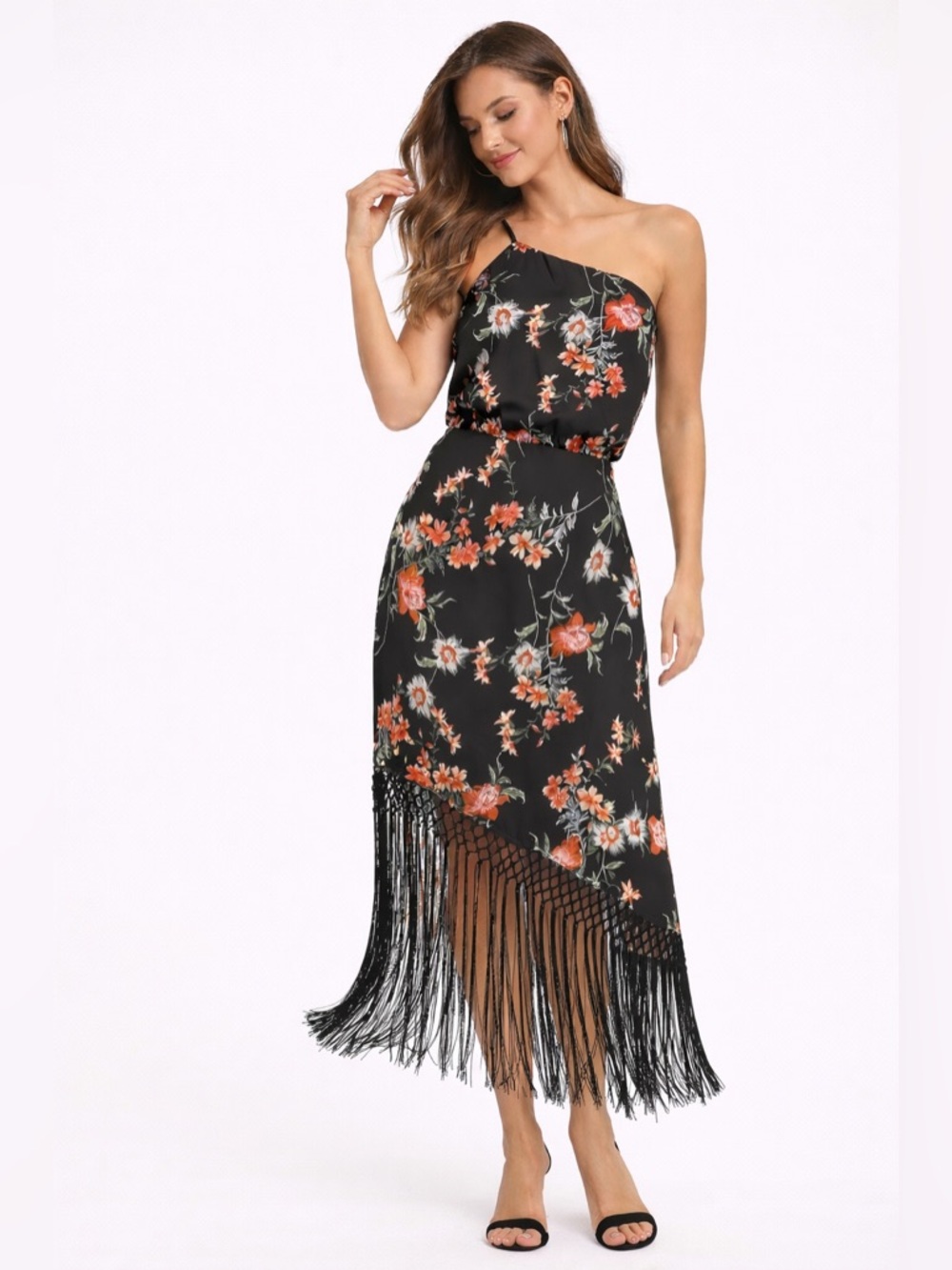Lulus Let's Be Fringe Floral Satin One-Shoulder Midi Dress Black Women's S NEW